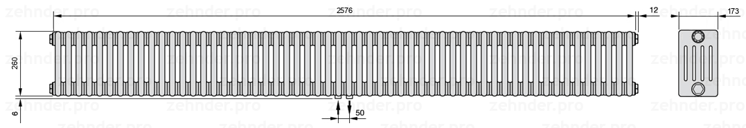 Схема (чертеж) Радиатор Zehnder Charleston 5026/56 №3470 Белый глянцевый RAL 9016